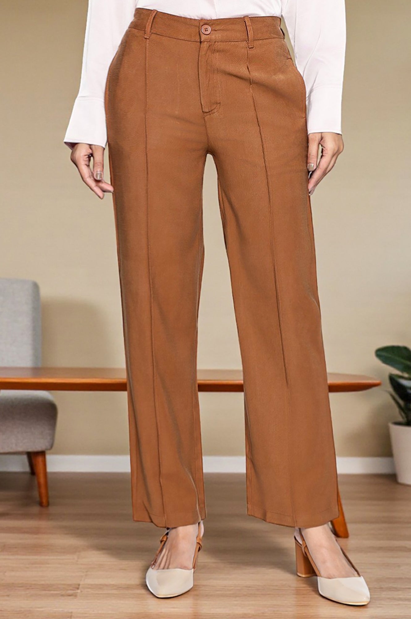 Brown Solid Korean Rayon Formal Parallel Pants