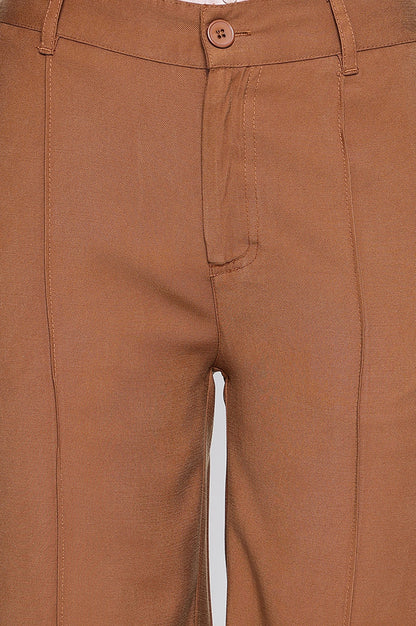 Brown Solid Korean Rayon Formal Parallel Pants