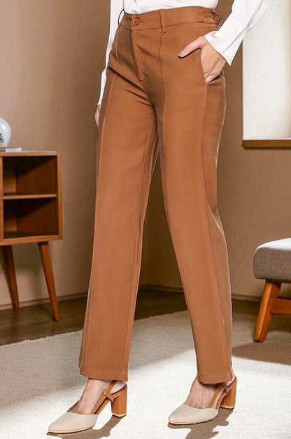 Brown Solid Korean Rayon Formal Parallel Pants