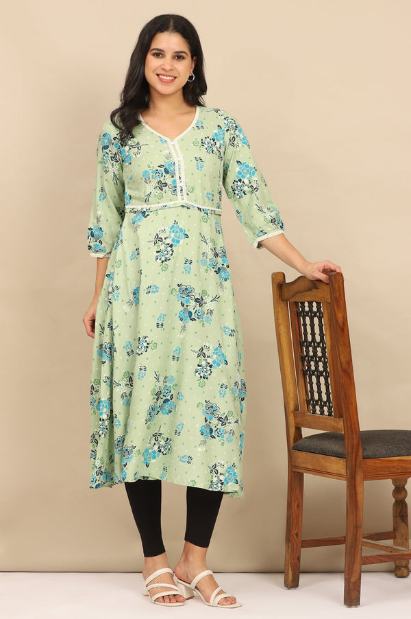 Green Floral Printed Circular LIVA Kurta and Leggings Set