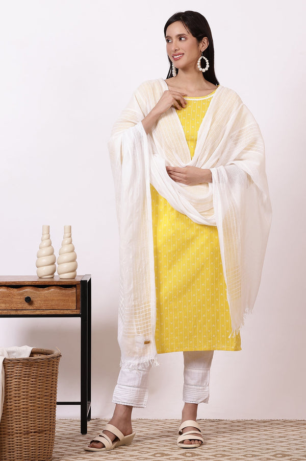 Yellow Geometric Printed Pure Cotton Straight Kurta, Leggings and Dupatta Set