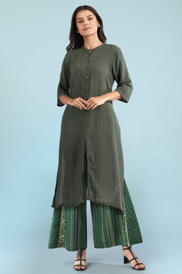 Green Rayon Straight Kurta and Culotte Set