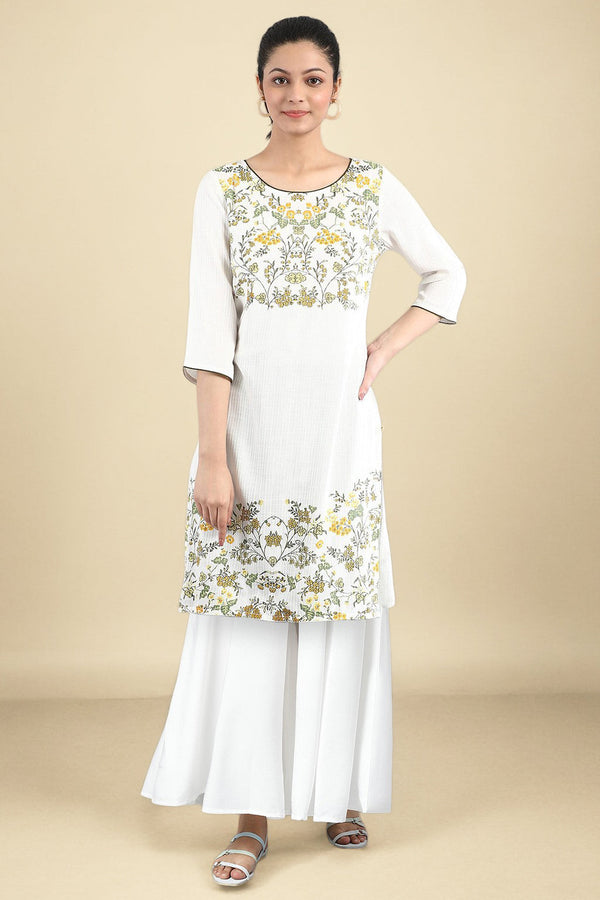 White Floral Printed Straight Kurta and Palazzo Set
