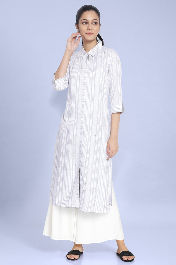 White Geometric Printed Cotton Flax Straight Kurta and Palazzo Set