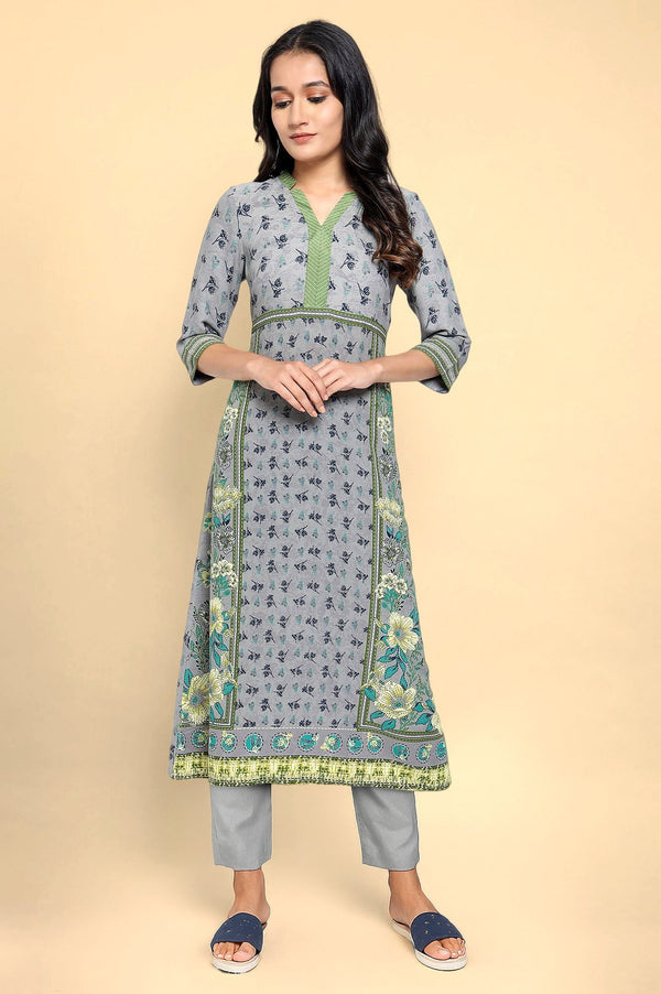 Grey Floral Printed Crepe A-Line Kurta and Trouser Set