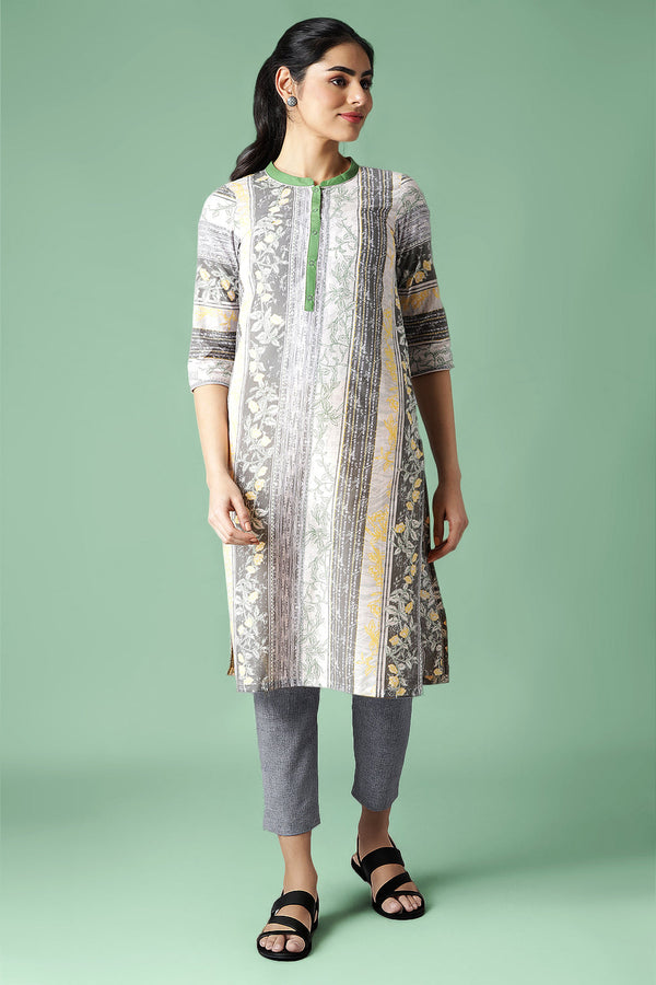 Grey Floral Printed Pure Cotton Straight Kurta and Trouser Set