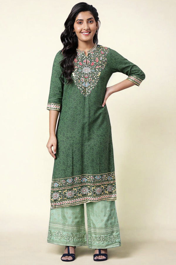 Green Foil Printed Sequins Straight Kurta and Palazzo Set