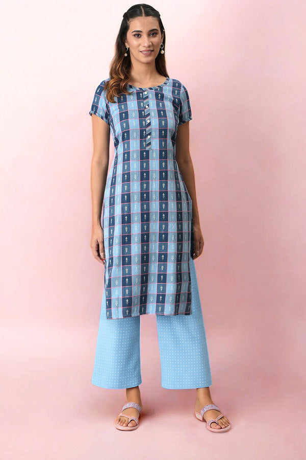 Blue Yarn Dyed Cotton Blend Straight Kurta and Palazzo Set