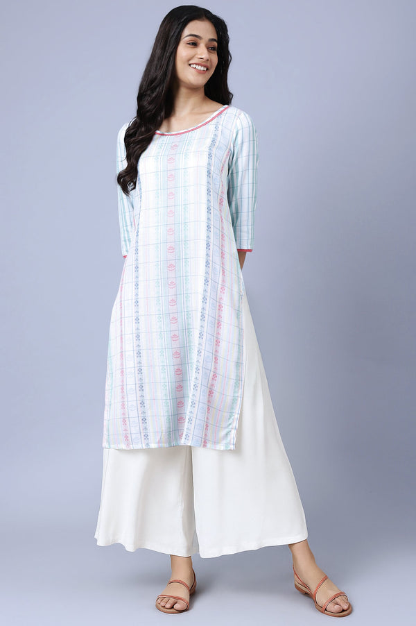 White Floral Printed Rayon Straight Kurta and Palazzo Set