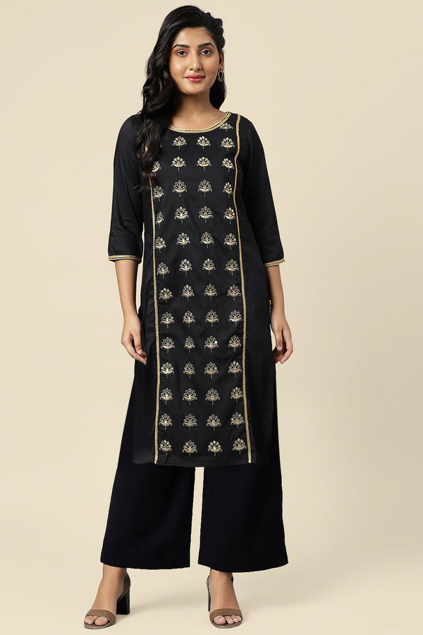 Black Zari Embroidery Viscose Blend Straight Kurta and Palazzo Set