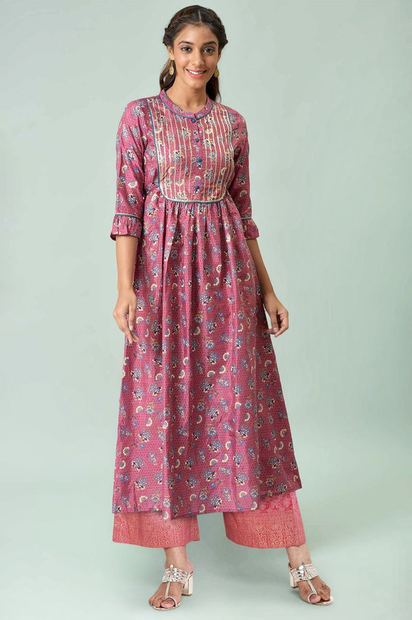 Pink Foil Sequins Shantung A-Line Kurta and Palazzo Set