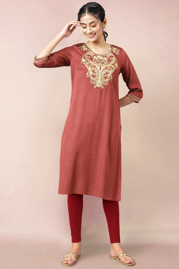 Maroon Zari Embroidered with Sequins Straight Kurta and Tight Set