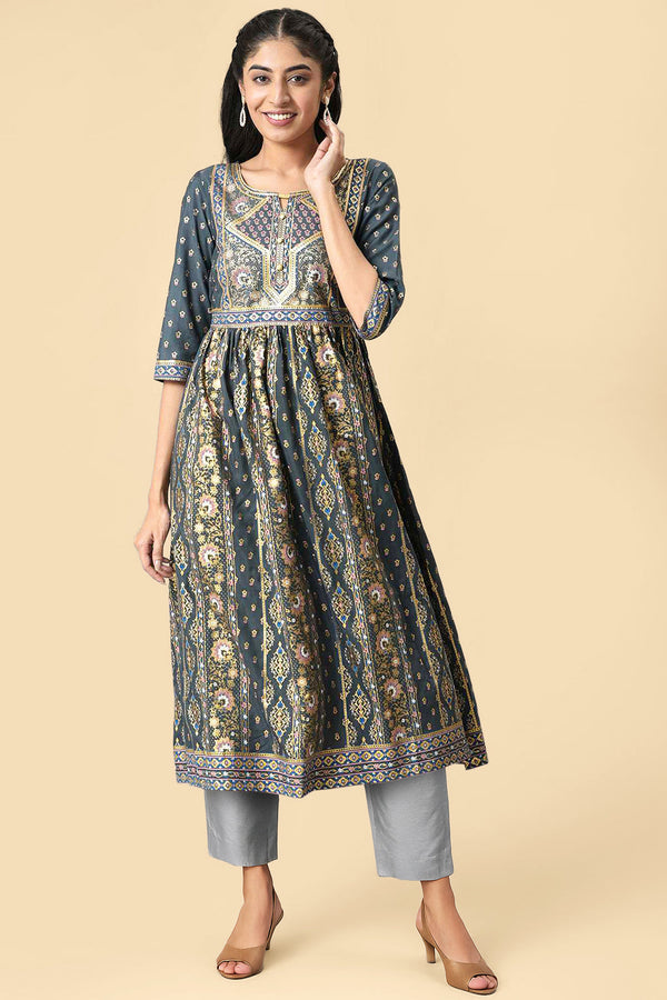 Grey Zari Embroidered and Sequins Straight Kurta and Trouser Set