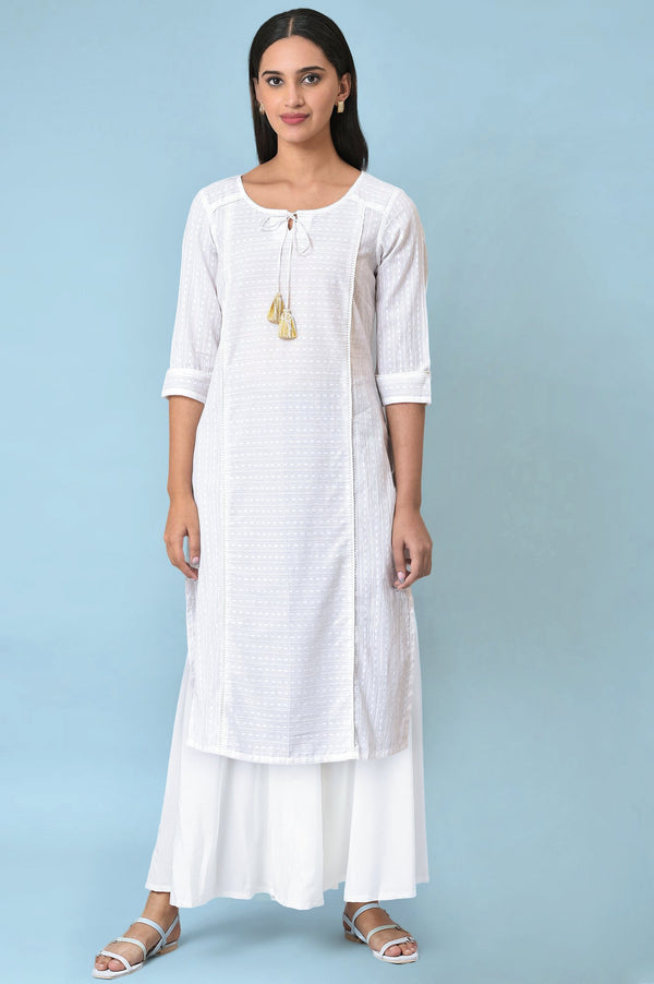 White Geometric Printed Cotton Lurex Straight Kurta and Palazzo Set