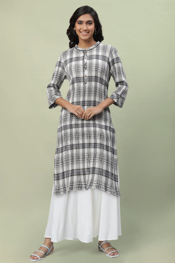 White Checkered Cotton Lycra Straight Kurta and Palazzo Set