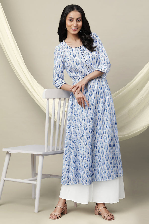 White Floral Printed Pure Cotton Flared Kurta and Palazzo Set
