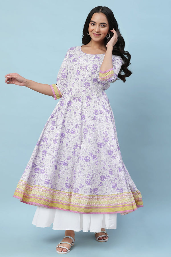 White Floral Printed Pure Cotton Flared Kurta and Palazzo Set