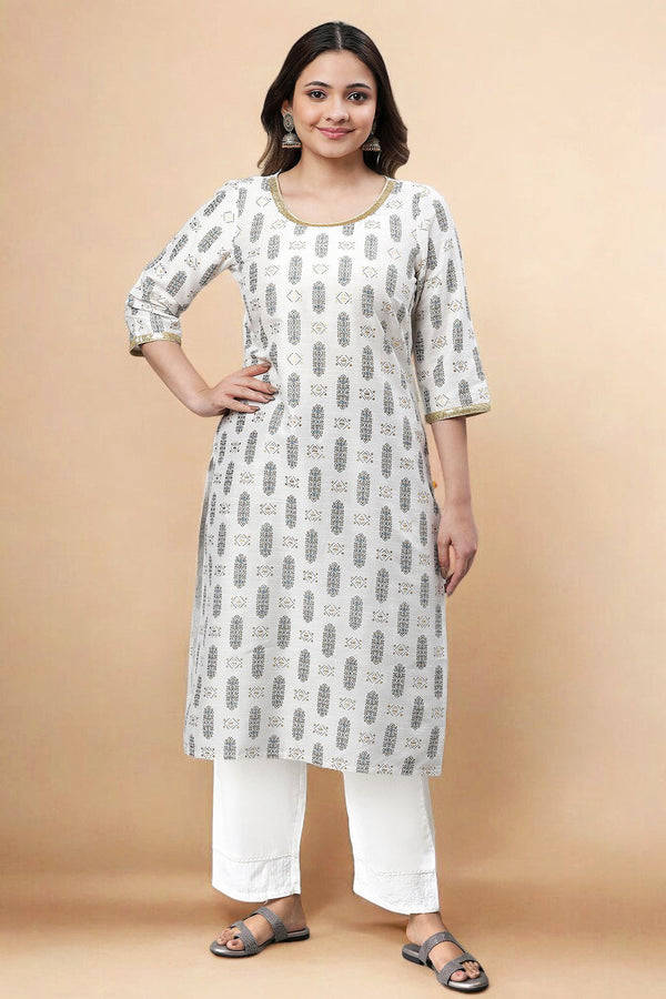 White Printed Viscose Blend Straight Kurta and Palazzo Set
