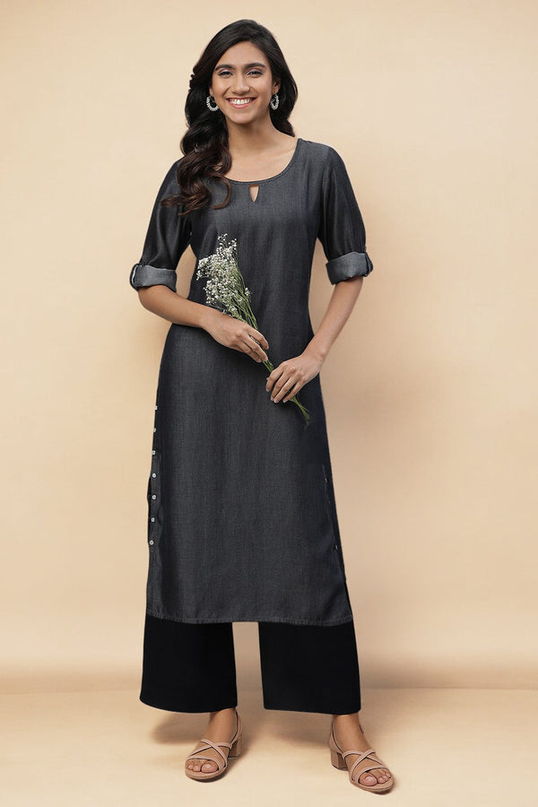 Black Tencel Straight Kurta and Palazzo Set