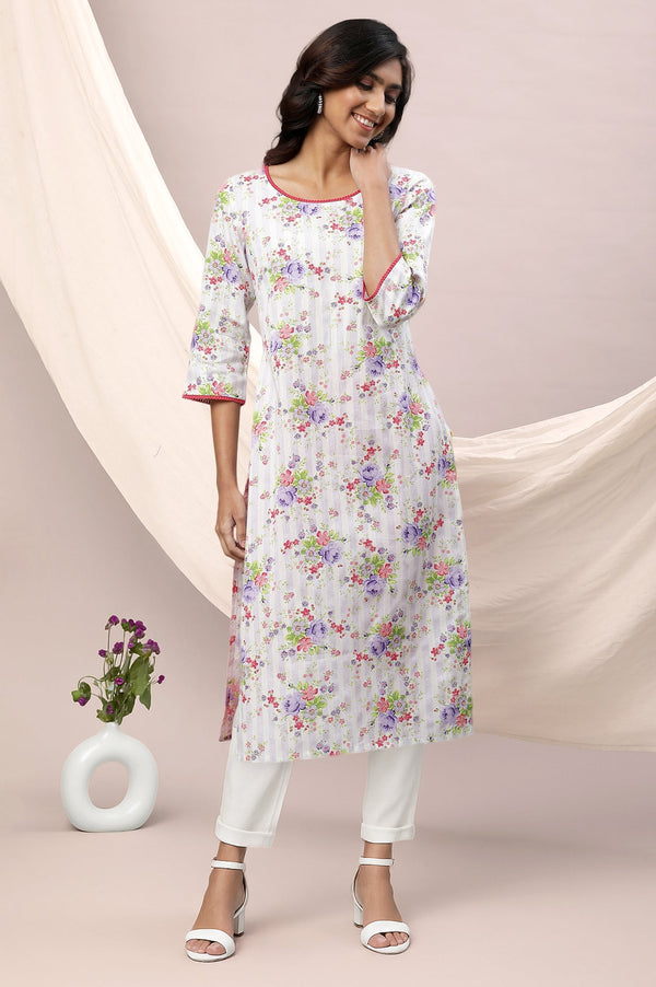 White Floral Printed Lace Pure Cotton Straight Kurta and Trouser Set