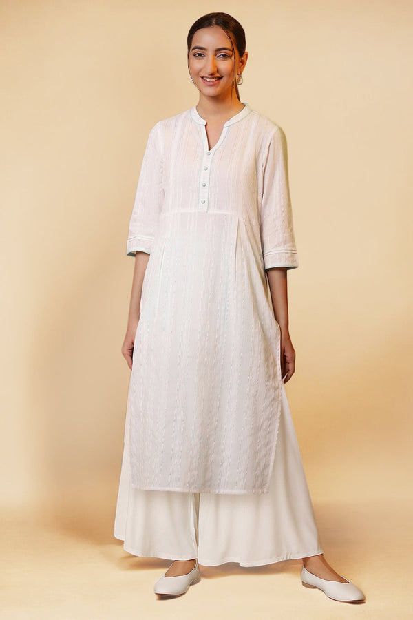 White Lace Cotton Blend Straight Kurta and Palazzo Set