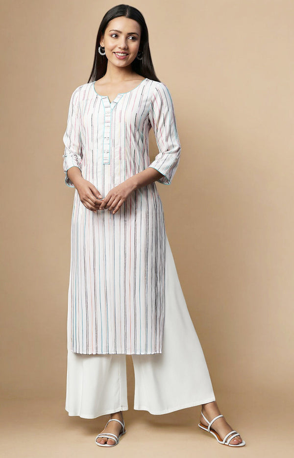 White Stripe Rayon Straight Kurta and Palazzo Co-ord Set