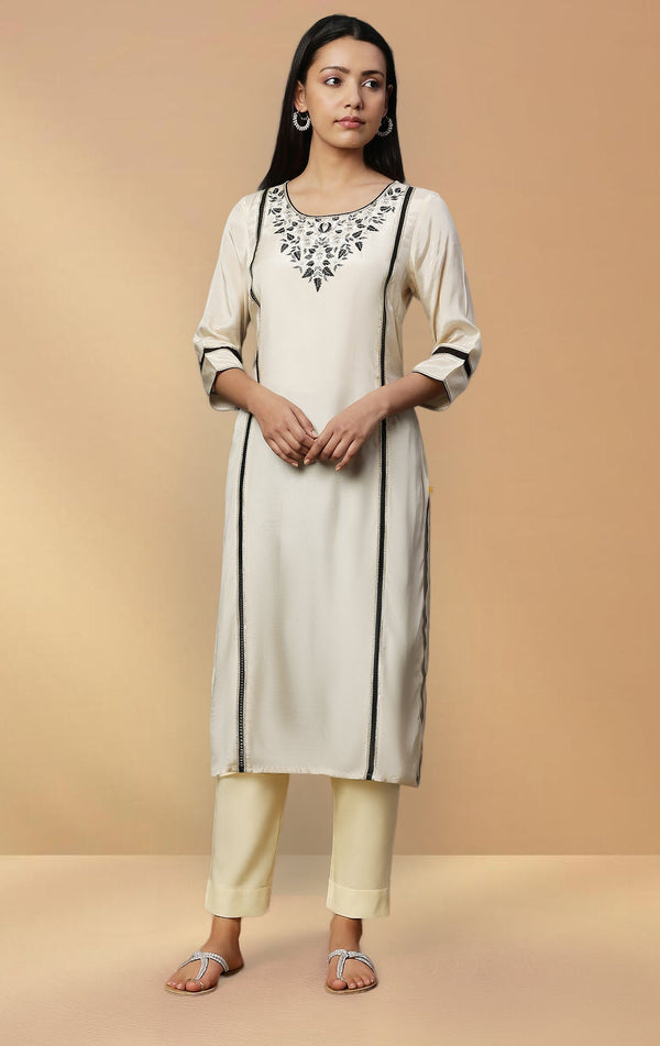 Beige Embroidered Thread Work Rayon Straight Kurta and Trouser Set