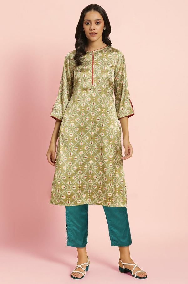 Green Geometric Printed Japanese Satin Straight Kurta with Slim Pant Set