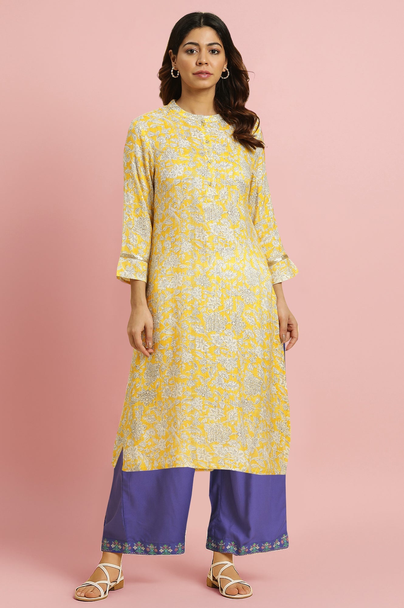 Yellow Floral Printed A-line Kurta with Parallel Pant Set