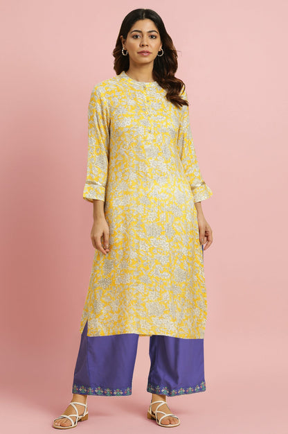 Yellow Floral Printed A-line Kurta with Parallel Pant Set