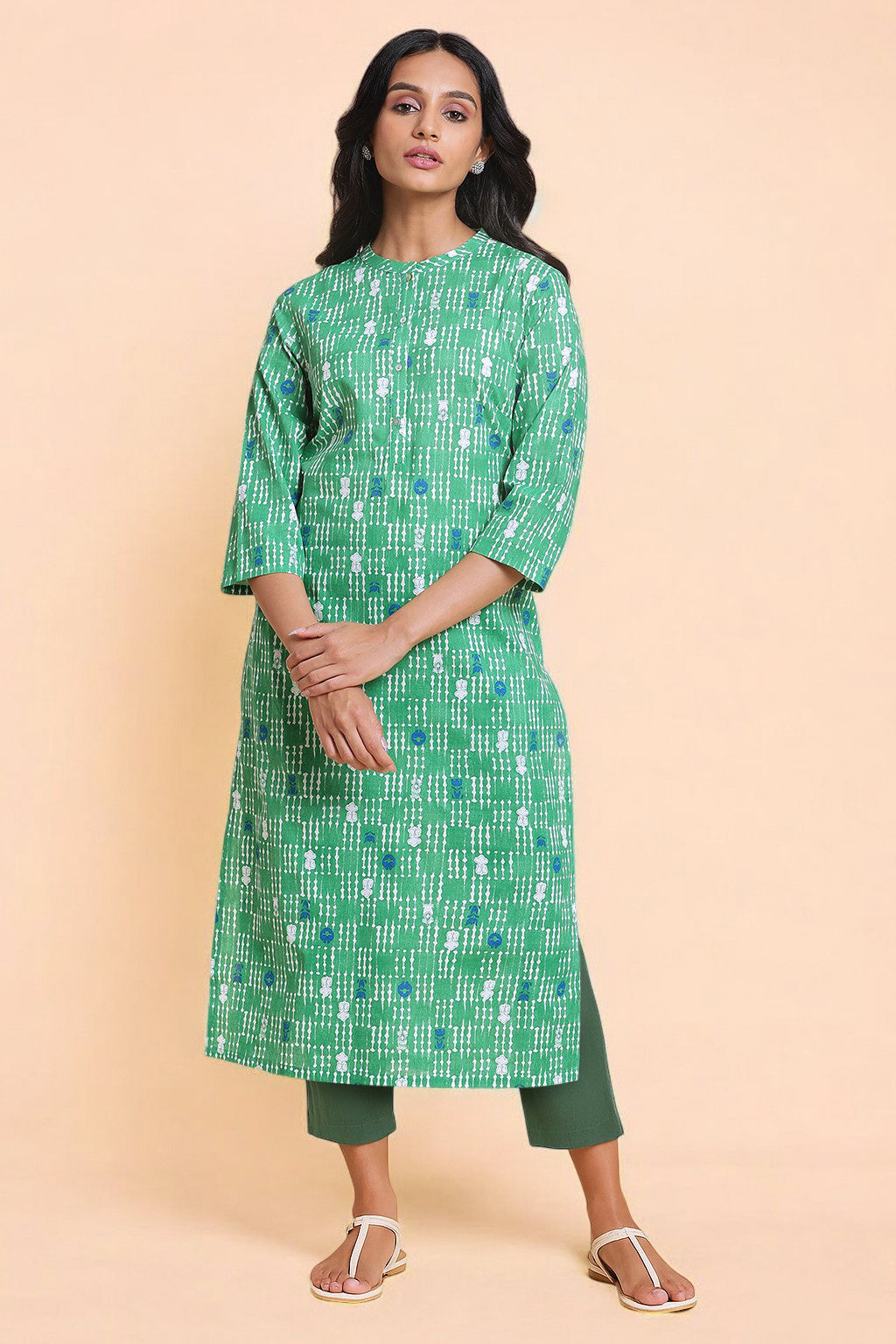 Green Printed Pure Cotton Straight Kurta and Parallel Pant Set