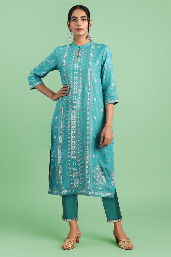 Blue Floral Printed Straight Kurta with Slim Pant Set