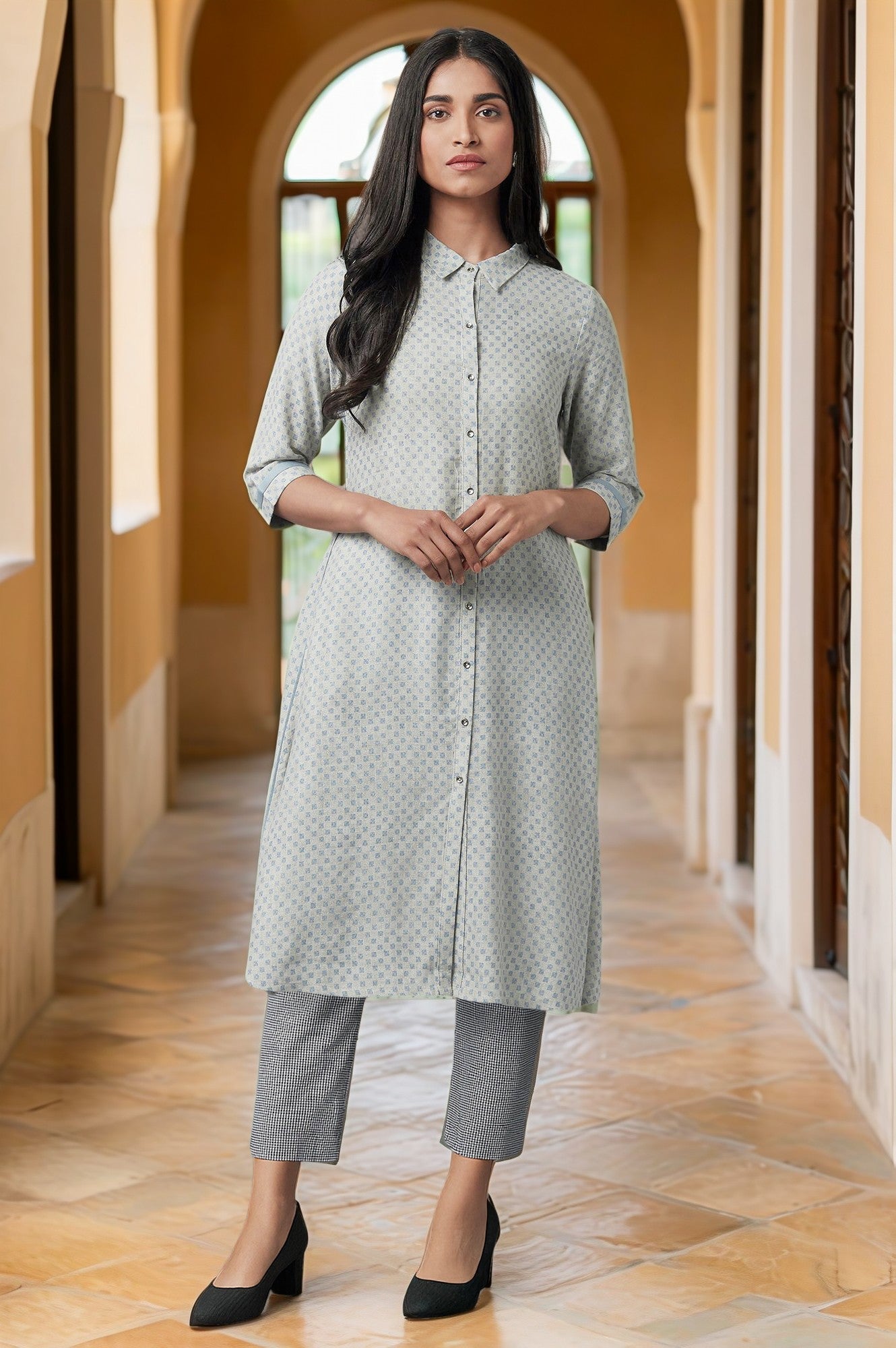 Grey Printed Rayon A-line Shirt Kurta and Slim Pant Set