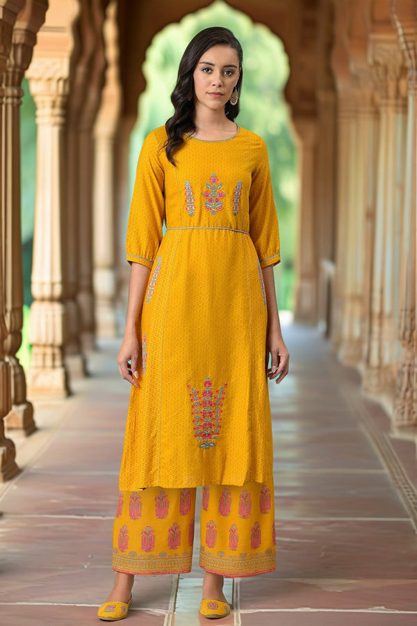 Yellow Thread Embroidery Rayon A-line Kurta and Parallel Pant Set