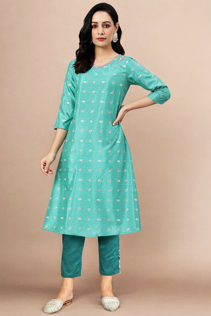 Green Thread Embroidery A-line Kurta and Slim Pant Set