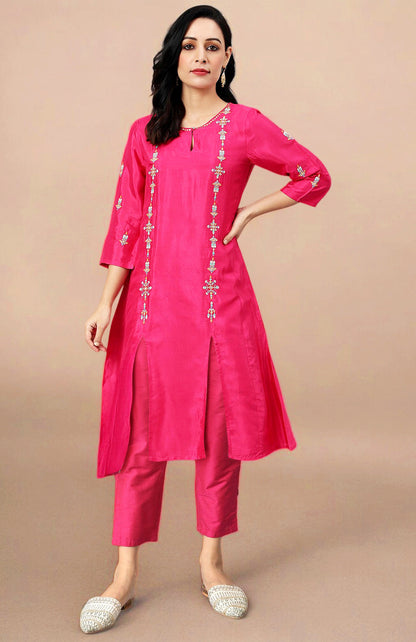 Pink Thread Embroidery Straight Kurta and Slim Pant Set