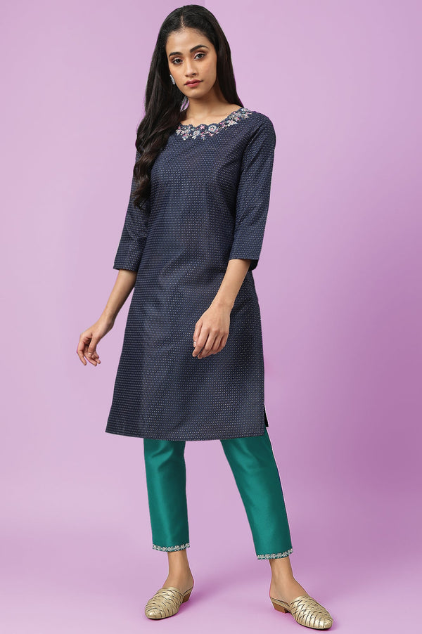 Dark Blue Geometric Printed Shantung straight Kurta with Slim Pant Set