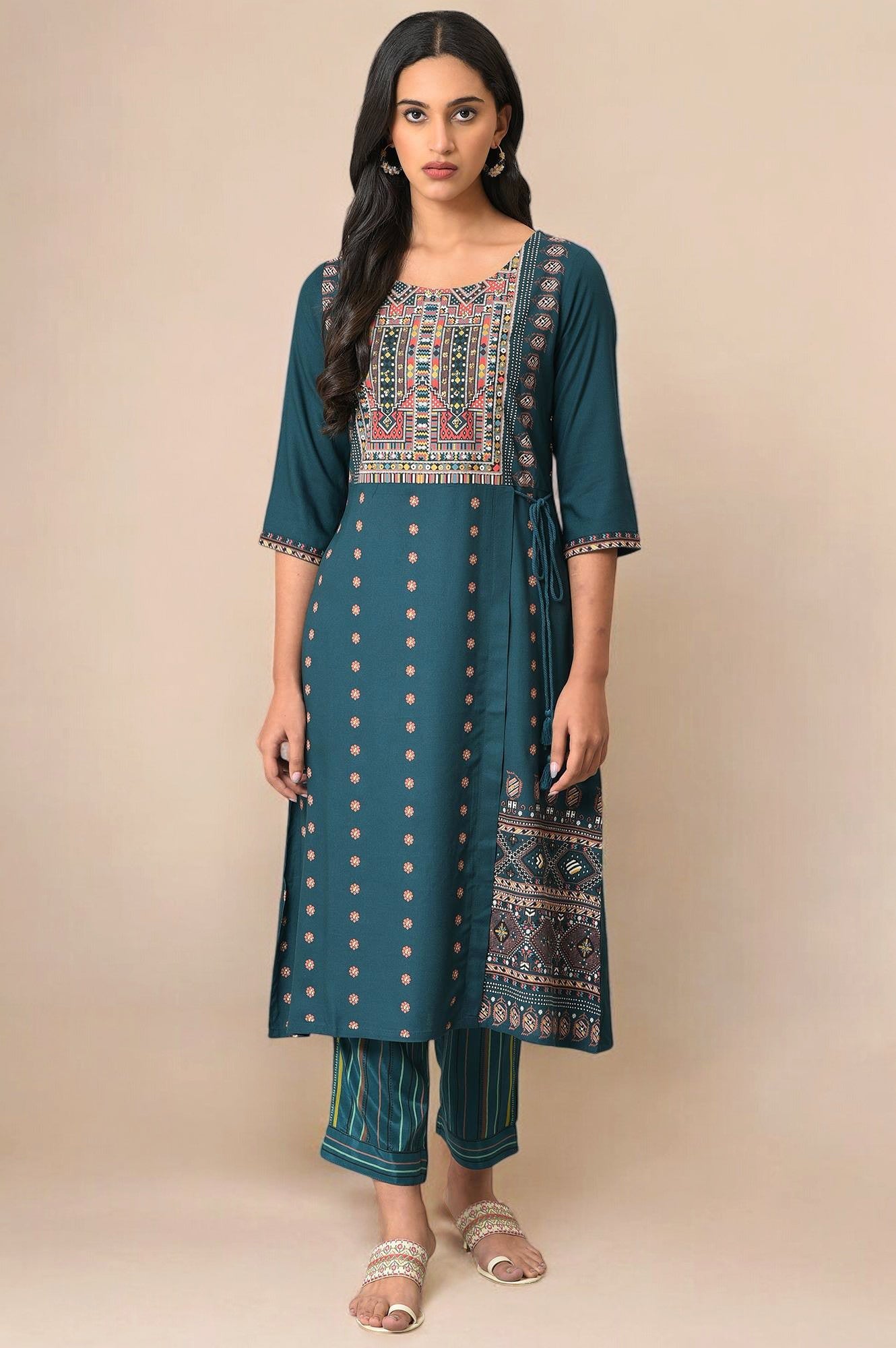 Teal Coins A-line Kurta and Slim Pant Set
