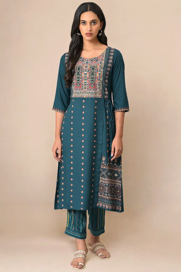 Teal Coins A-line Kurta and Slim Pant Set