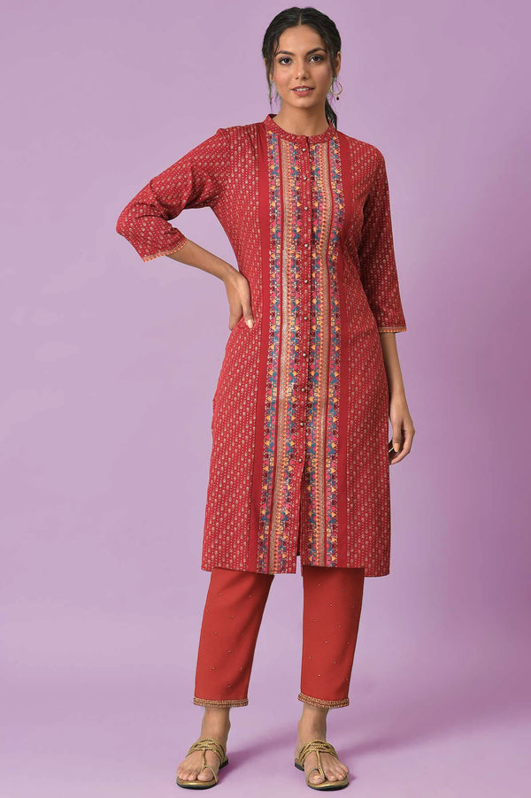 Red Geometric Printed American Crepe Straight Kurta with Slim Pant Set