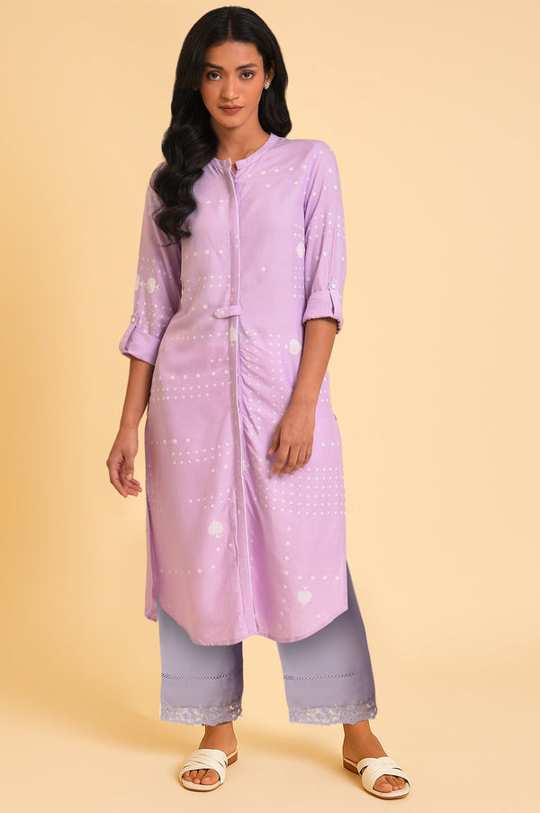 Light Purple Polka Dots Printed Straight Kurta with Parallel Pant Set