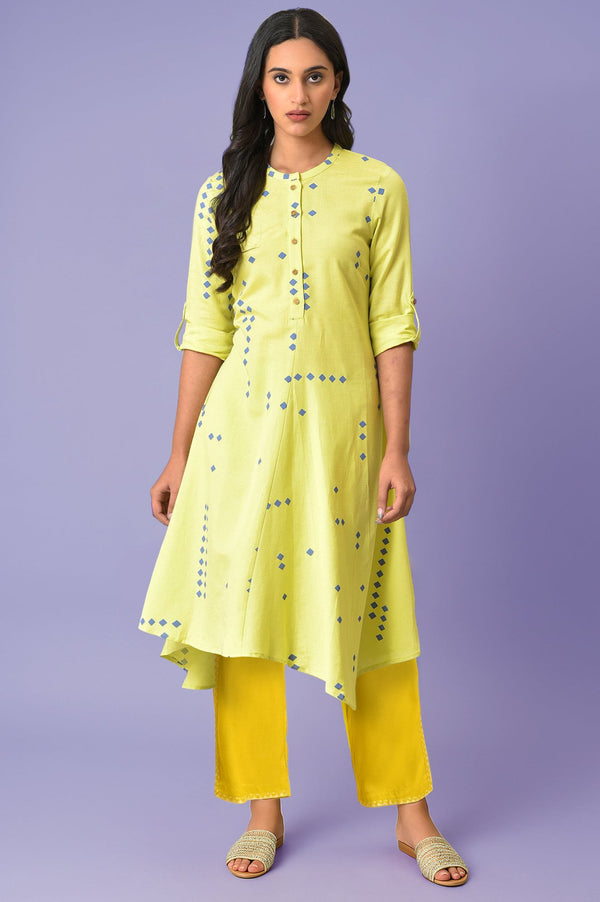 Light Green Geometric Printed Rayon Flax Flared Kurta with Straight pant Set