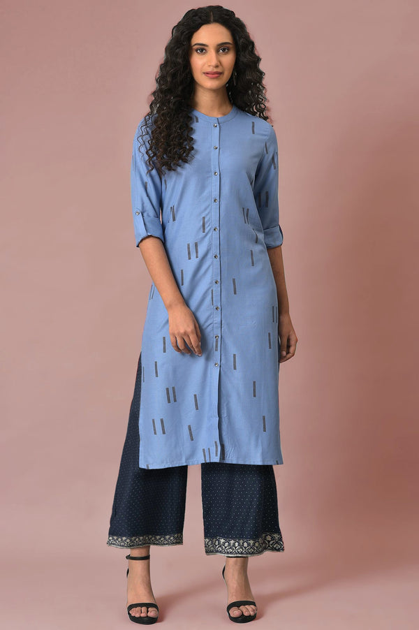 Blue Geometric Printed Straight Kurta with Parallel Pant Set