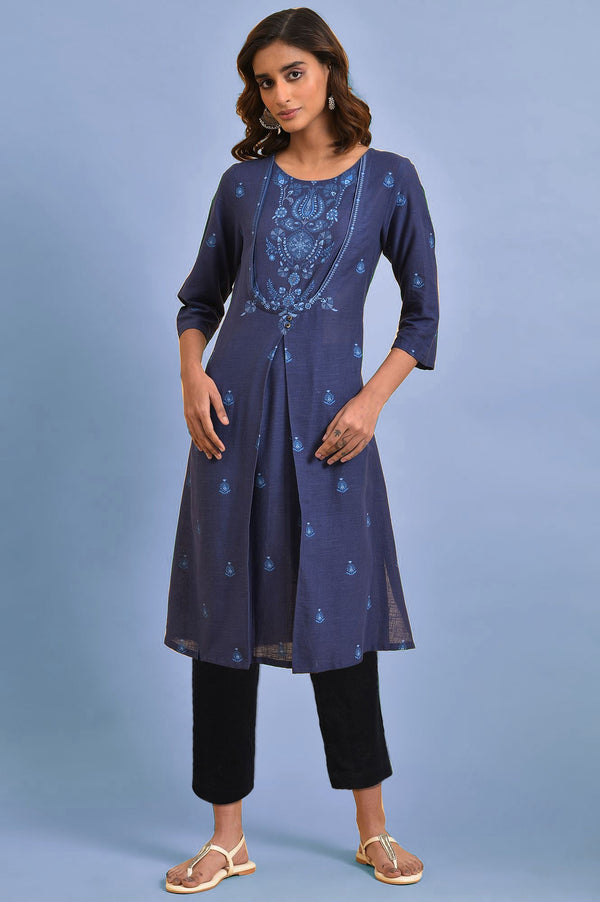 Dark Blue Floral Printed Pure Cotton Straight Kurta with Slim Pant Set