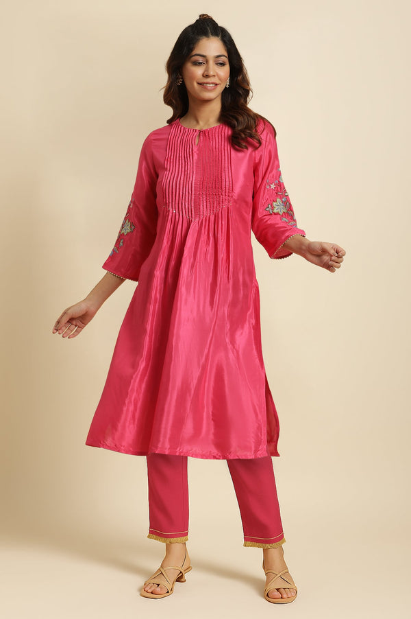 Pink Solid Printed Shantung Straight Kurta with Slim Pant Set