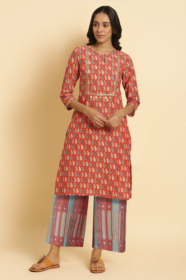 Orange Geometric Printed Shantung Straight Kurta with Parallel Pant Set