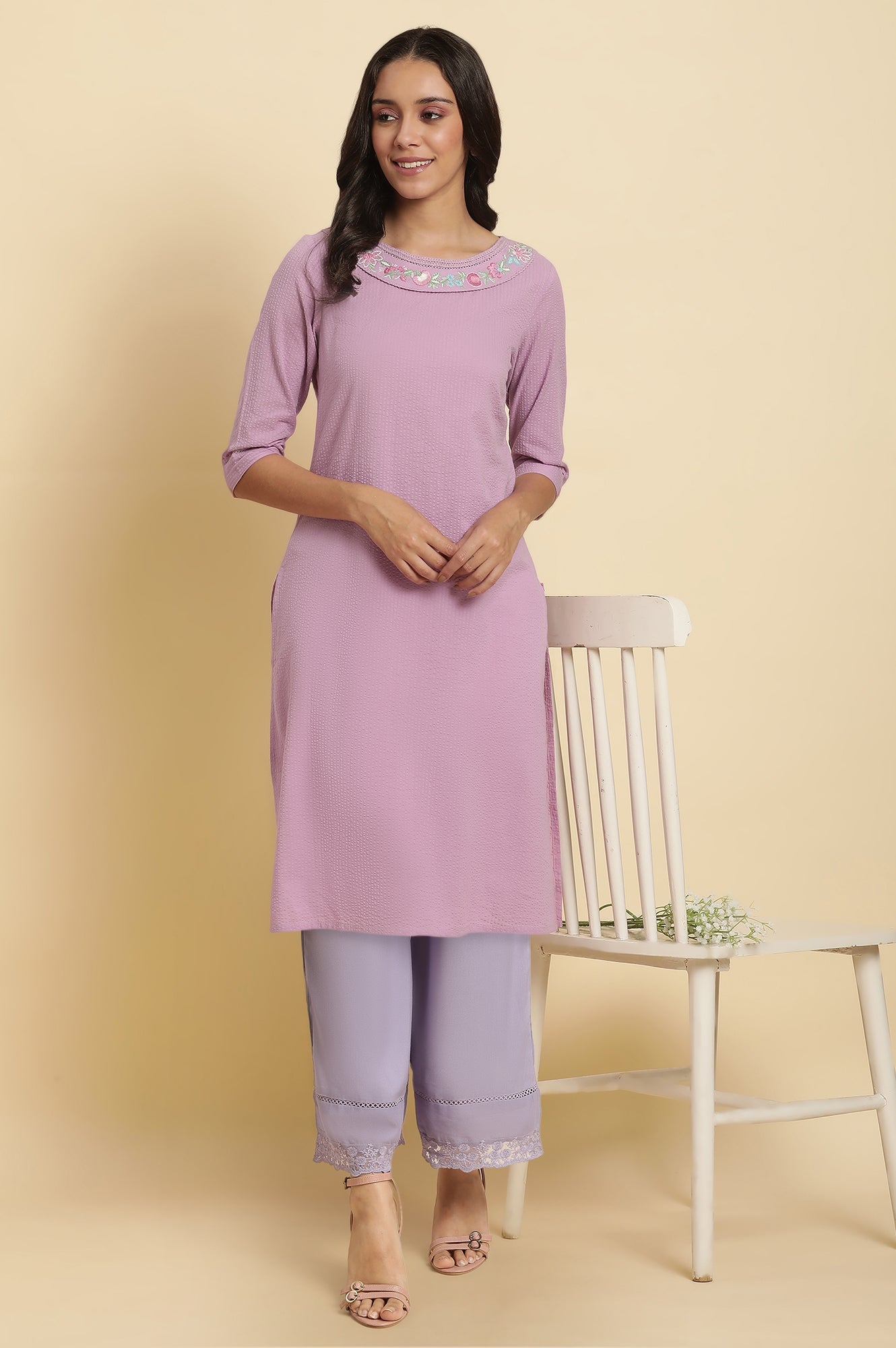 Purple Solid Thread Work Seer Sucker Straight Kurta and Parallel Pant Set