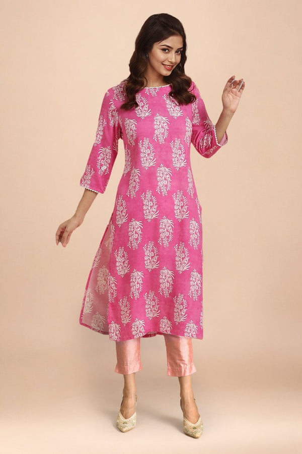 Pink Floral Printed Rayon Straight Kurta and Slim Pant Set