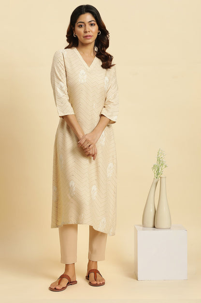 Beige Floral Printed Rayon A-Line Kurta and Slim Pant Set