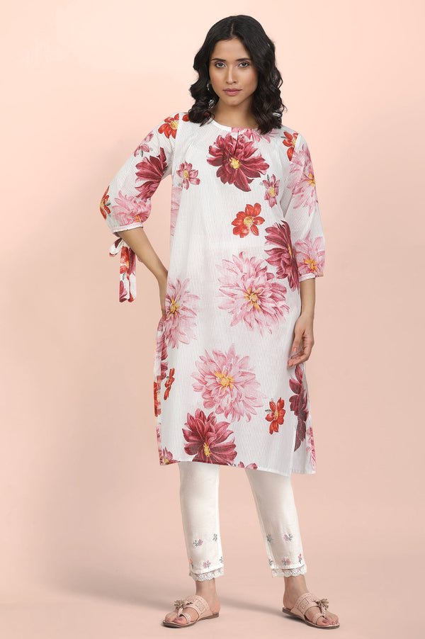 White Floral Printed Thread Work Pure Cotton A-Line Kurta and Slim Pant Set